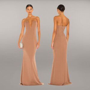 NWT Katie May Small Evening Gown Maxi Dress Prom Formal Taupe Beige Nude Plunge